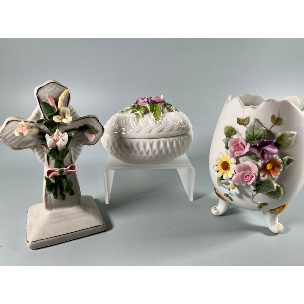 Easter Set of 3: Lefton Porcelain Egg Cup,  Easter Egg Trinket Box, Easter Cross